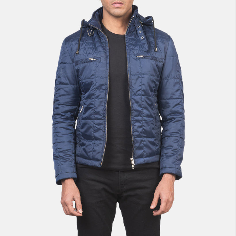 Alps Matelassé Bleu Hooded Windbreaker Veste en Cuir pour Homme