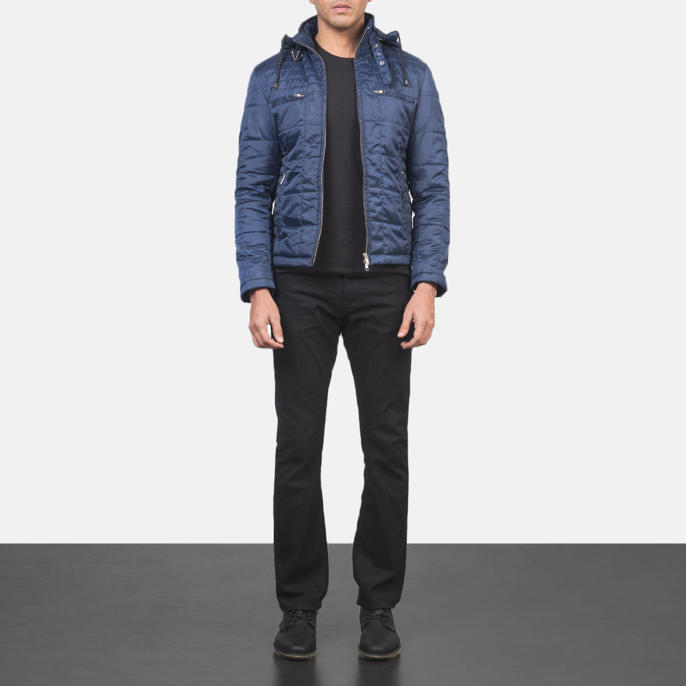 Vue détaillée of High neck with Belt &amp; Zipper Hardware on Men's Alps Quilted Blue Windbreaker Jacket