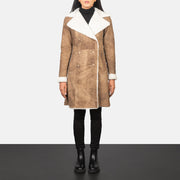 Women's Amie Distressed Brown Double Breasted Shearling Coat in Distressed Brown Sheepskin Snuffed - Vue de face &amp; silhouette ajustée | Acheter en ligne