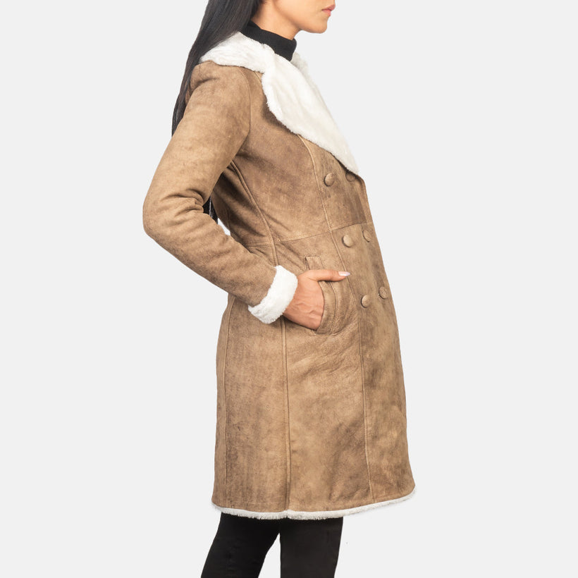 Amie Patine Usée Marron Double-Breasted Shearling Manteau en Cuir pour Femme
