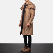 Distressed Brown Sheepskin Snuffed Trench Coat - Vue de dos avec coupe ajustée aux épaules &amp; ourlet soigné