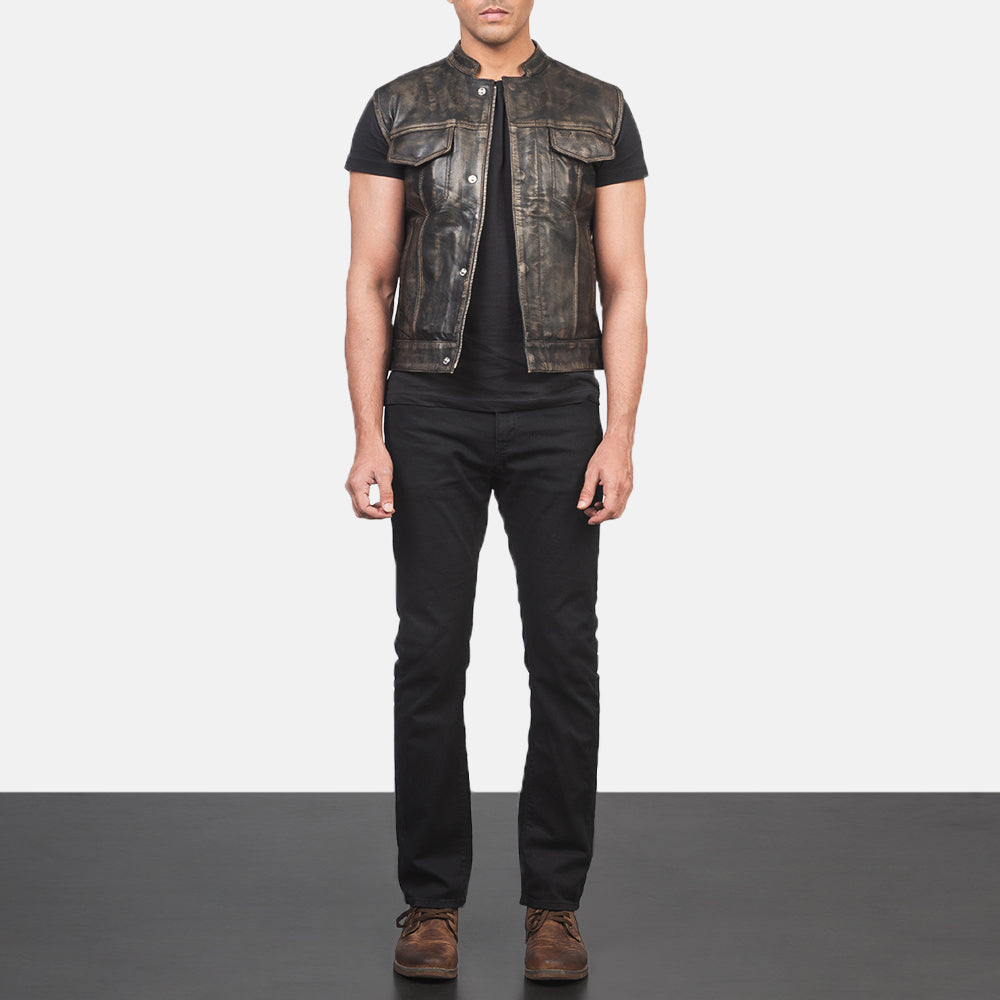 
Atlas Moto Marron Vieilli Gilet en Cuir pour Homme - Vue de profil mettant en valeur la coupe de manche ergonomique