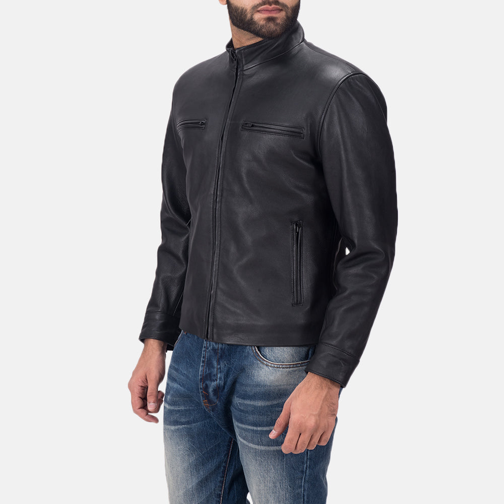 
Black Calfskin Matte Biker Jacket - Vue arrière montrant la carrure ajustée et l'ourlet net