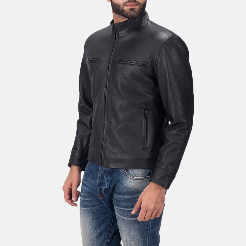 Black Calfskin Matte Biker Jacket - Back View Showing Tailored Shoulder Fit & Clean Hemline