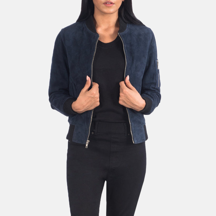 Ava MA-1 Bleu Suede Blouson Bombardier en Cuir pour Femme