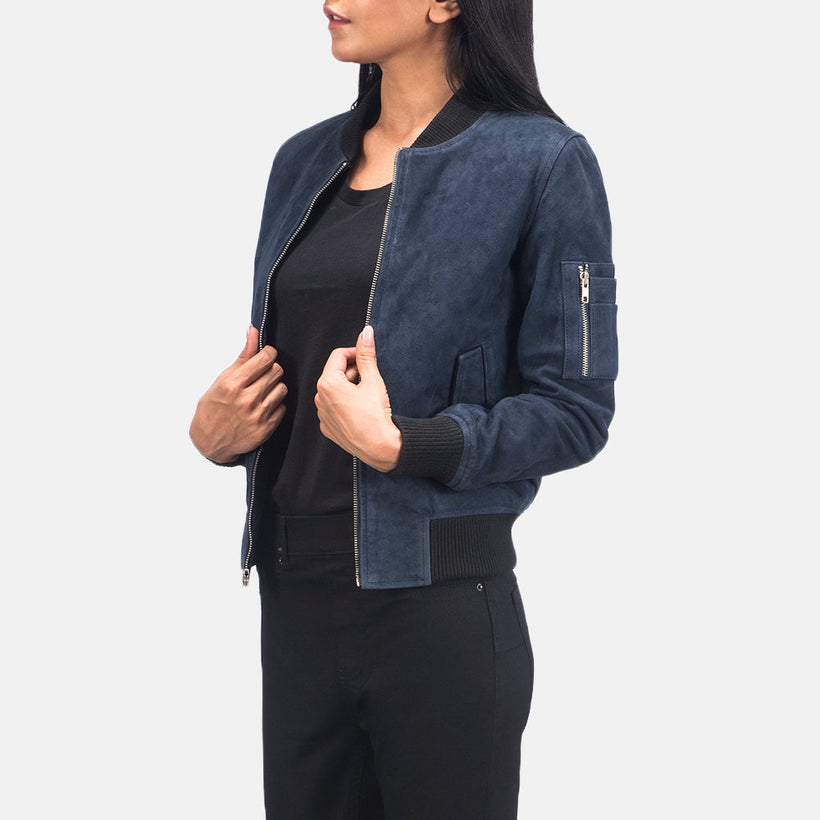 Ava MA-1 Bleu Suede Blouson Bombardier en Cuir pour Femme