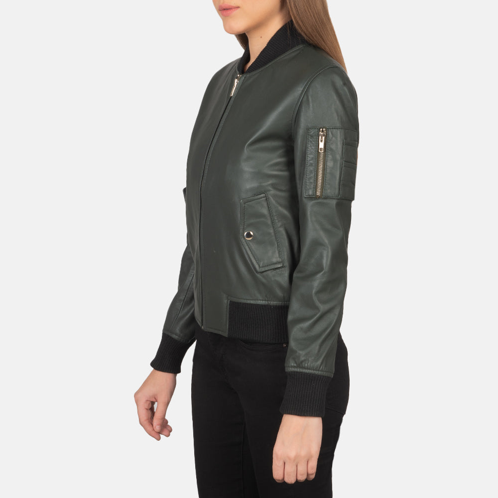 Green Sheepskin Leather Bomber Jacket - Vue de dos avec coupe ajustée aux épaules &amp; ourlet soigné