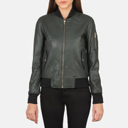 Vue détaillée of Rib Knit &amp; Zipper Hardware on Ava Ma-1 Green Leather Bomber Jacket