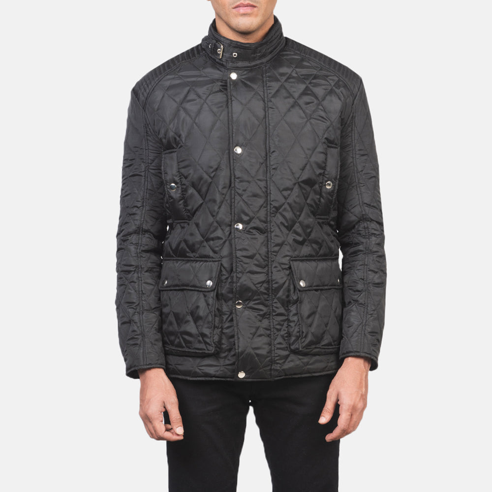 
Vue détaillée of Belted Band & Button Hardware on Barry Matelassé Noir Windbreaker Veste en Cuir pour Homme