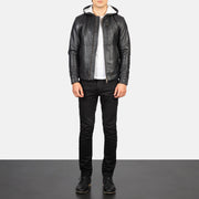 Men's Baston Black Hooded Leather Bomber Jacket - Vue de profil avec coupe de manche ergonomique