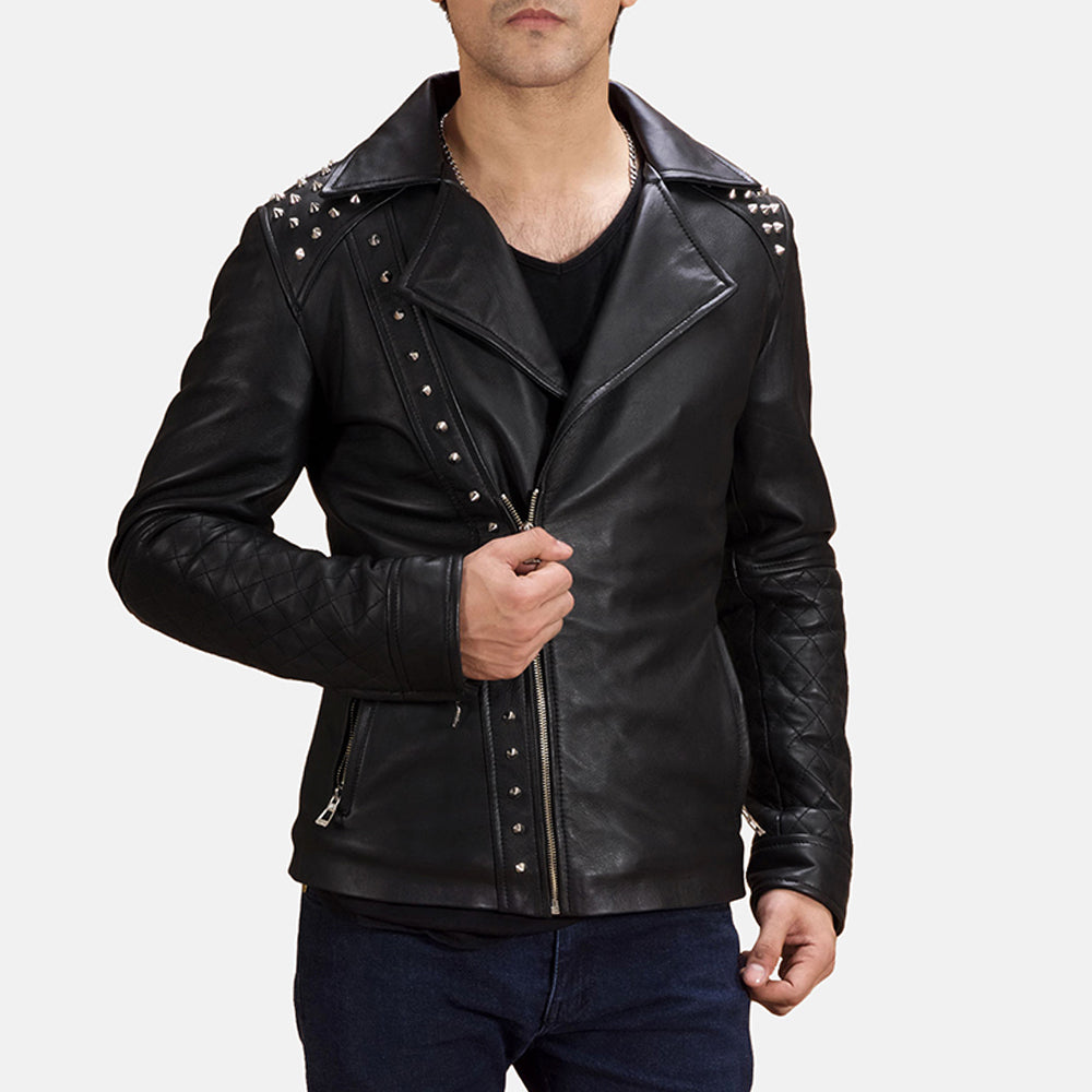 Men's Noir Studded Veste Motard en Cuir pour Homme in Black Sheepskin Leather - Vue de face &amp; silhouette ajustée | Acheter en ligne