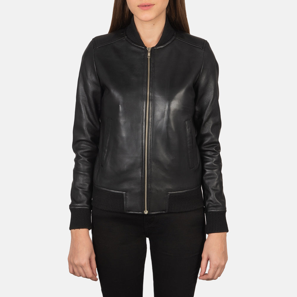 Vue détaillée of Varsity - Rib Knit &amp; Zipper with Wind Flap Hardware on Women's Bliss Noir Blouson Bomber en Cuir pour Femme
