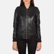 Vue détaillée of Varsity - Rib Knit &amp; Zipper with Wind Flap Hardware on Women's Bliss Noir Blouson Bomber en Cuir pour Femme