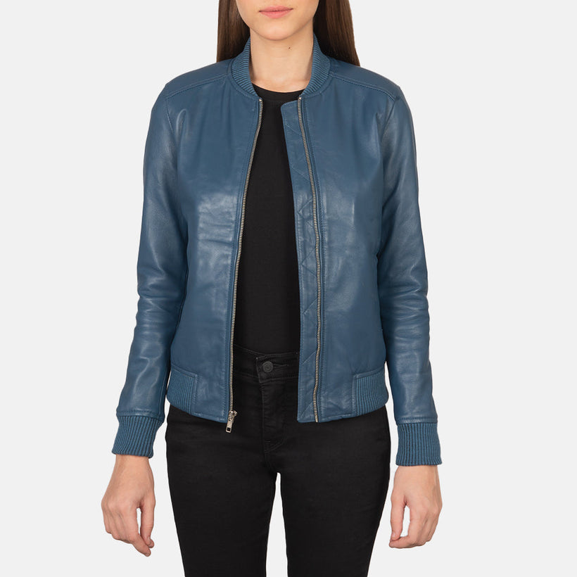 Bliss Bleu Blouson Bomber en Cuir pour Femme