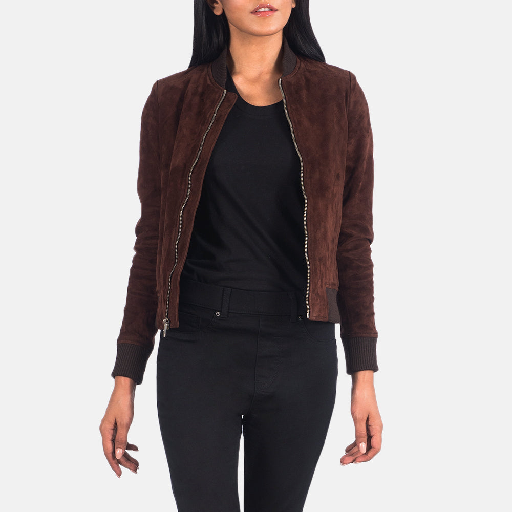Women's Bliss Marron Suede Blouson Bomber en Cuir pour Femme in Brown Goatskin Suede - Vue de face &amp; silhouette ajustée | Acheter en ligne