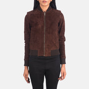 Vue détaillée of Varsity - Rib Knit &amp; Zipper with Wind Flap Hardware on Women's Bliss Marron Suede Blouson Bomber en Cuir pour Femme