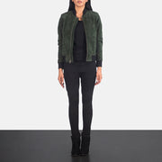 Women's Bliss Vert Suede Blouson Bomber en Cuir pour Femme - Vue de profil avec coupe de manche ergonomique