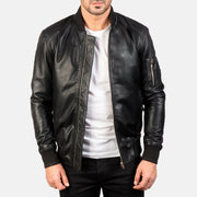 
Bomia Ma-1 Black Leather Bomber Jacket in Black Sheepskin Leather - Vue de face & silhouette ajustée | Acheter en ligne