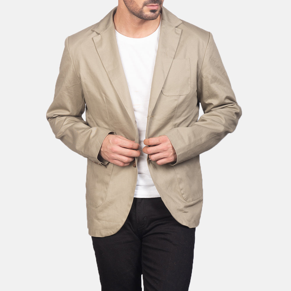 Beige Poly-Cotton Leather Blazer - Vue de dos avec coupe ajustée aux épaules &amp; ourlet soigné