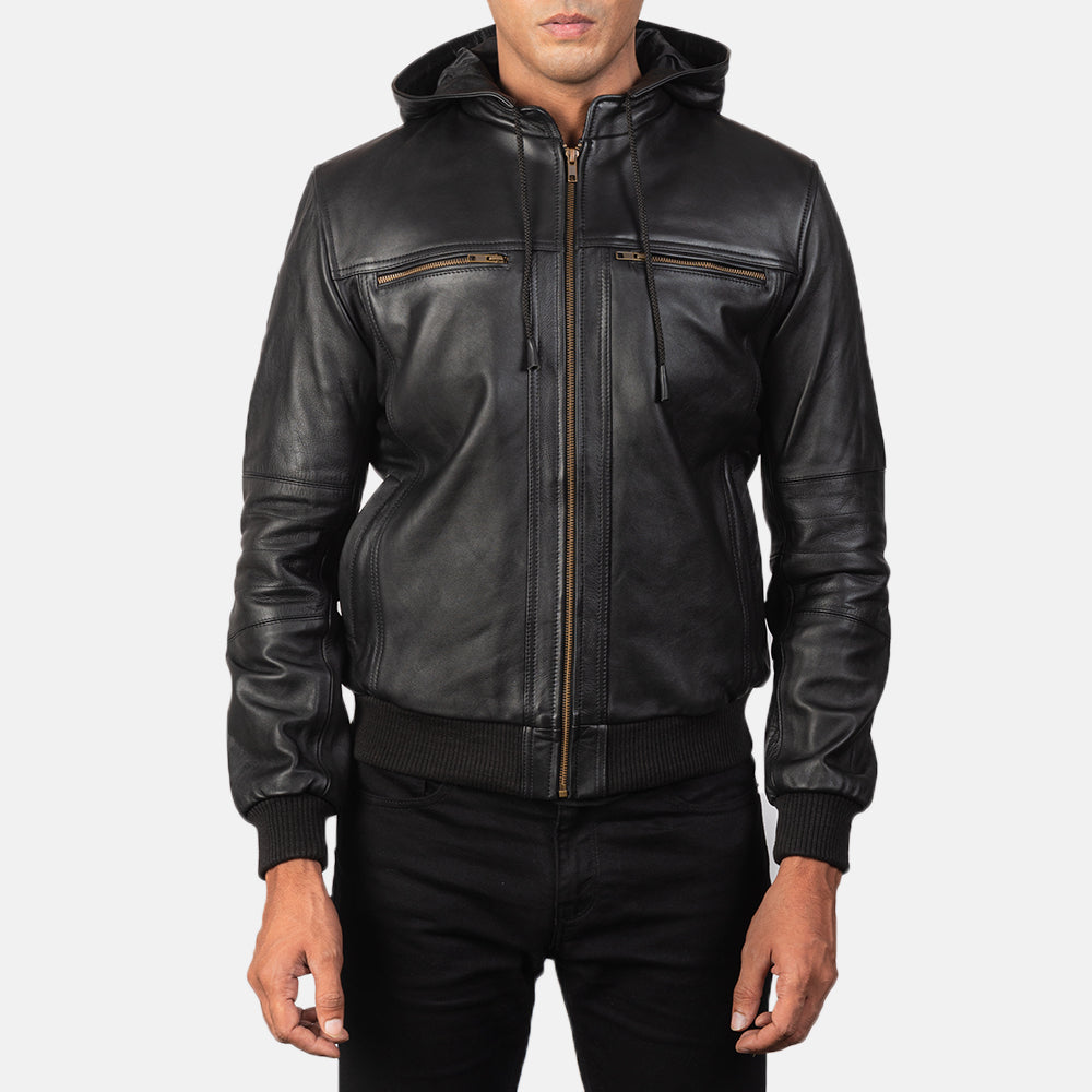
Bouncer Biz Black Leather Hooded Bomber Jacket - Vue de profil mettant en valeur la coupe de manche ergonomique