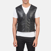 Vue détaillée of Classic Collar &amp; Zipper Hardware on Men's Brandon Noir Gilet en Cuir pour Homme