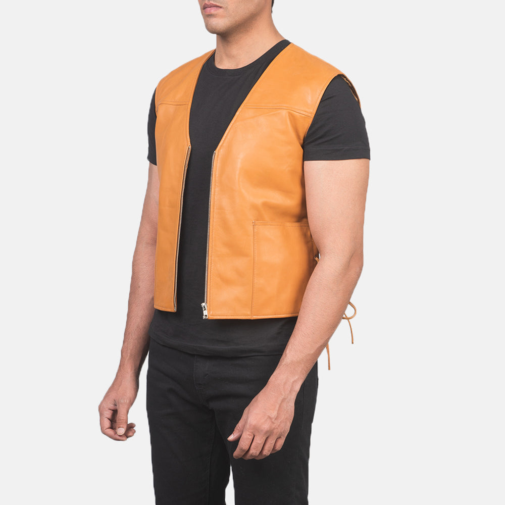 
Tan Brown Sheepskin leather Vest - Vue arrière montrant la carrure ajustée et l'ourlet net