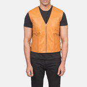 
Vue détaillée of Classic Collar & Zipper Hardware on Brandon Camel Marron Gilet en Cuir pour Homme