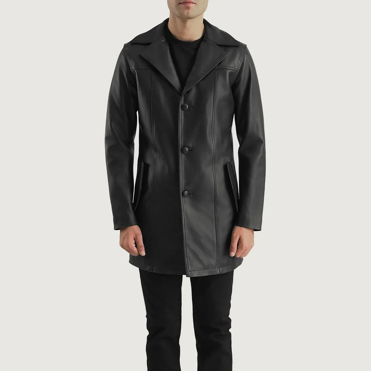 
Vue détaillée of Notch & Button Hardware on Brawnton Noir Manteau en Cuir pour Homme