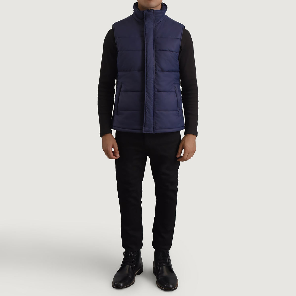 Bryan Bleu Puffer Vest pour Homme - Vue de profil avec coupe de manche ergonomique