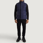 Bryan Bleu Puffer Vest pour Homme - Vue de profil avec coupe de manche ergonomique