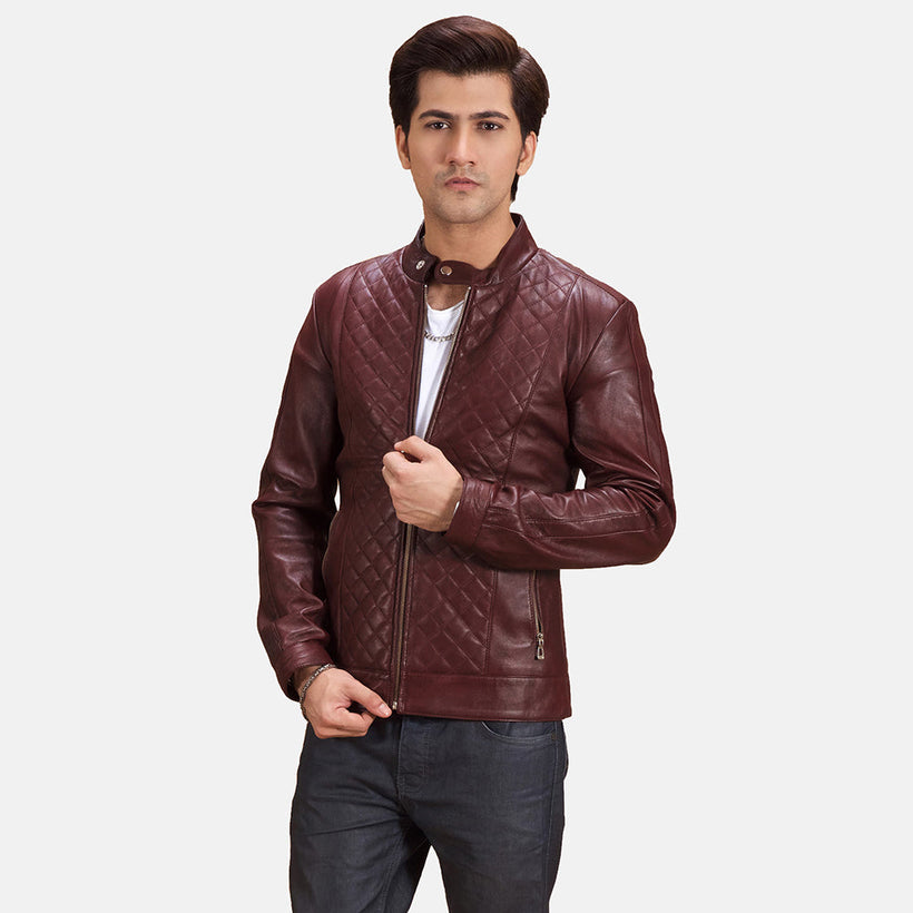 Burgunn Dee Bordeaux Veste Motard en Cuir pour Homme