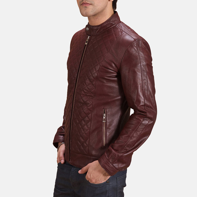 Burgunn Dee Bordeaux Veste Motard en Cuir pour Homme