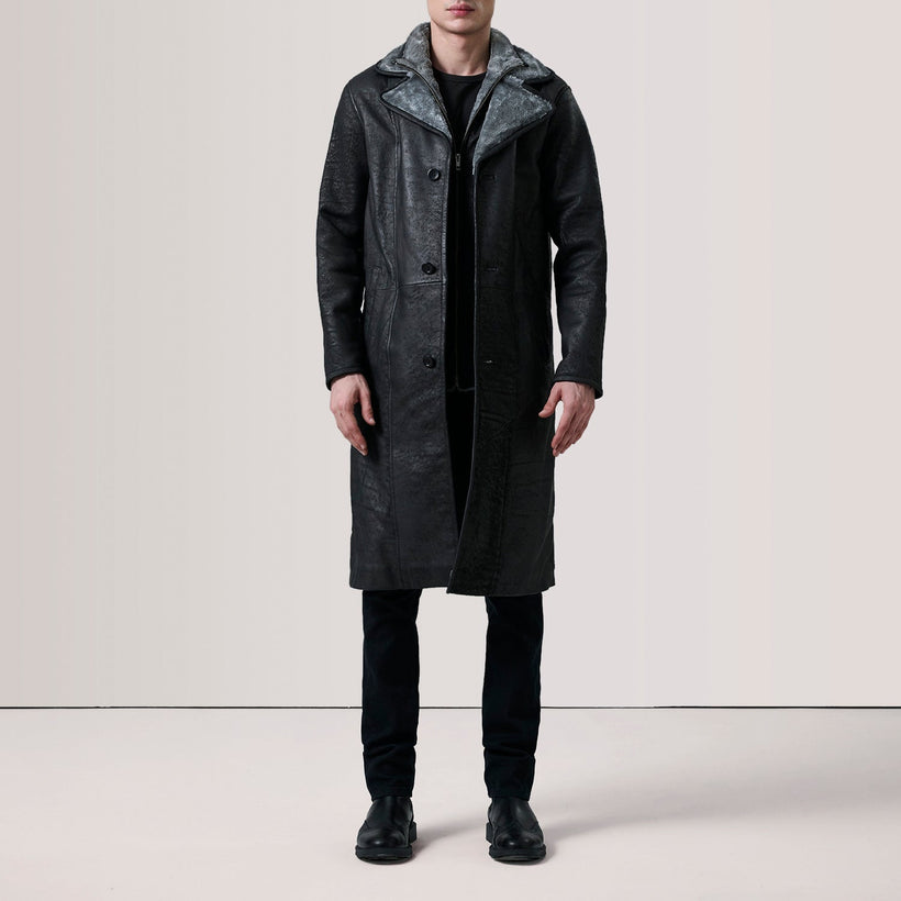 Cai Patine Usée Noir Leather Shearling Manteau en Cuir pour Homme