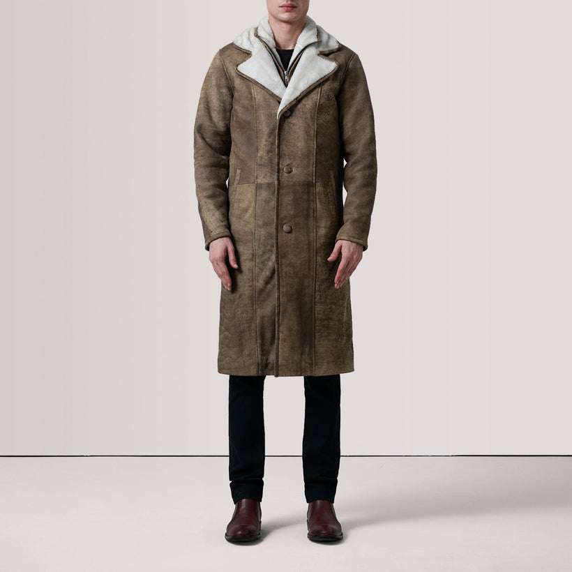 Cai Patine Usée Marron Leather Shearling Manteau en Cuir pour Homme