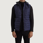 
Carlo Bleu Doudoune sans manches à capuche pour Homme in Blue Full-Grain Leather - Vue de face & silhouette ajustée | Acheter en ligne