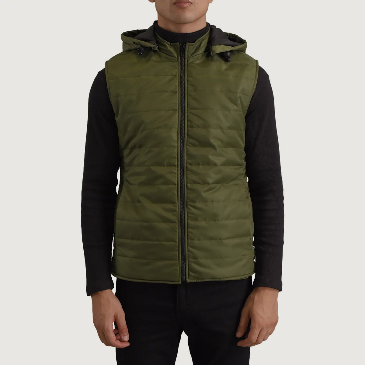 
Vue détaillée of Classic Collar & Zipper Hardware on Carlo Vert Doudoune sans manches à capuche pour Homme