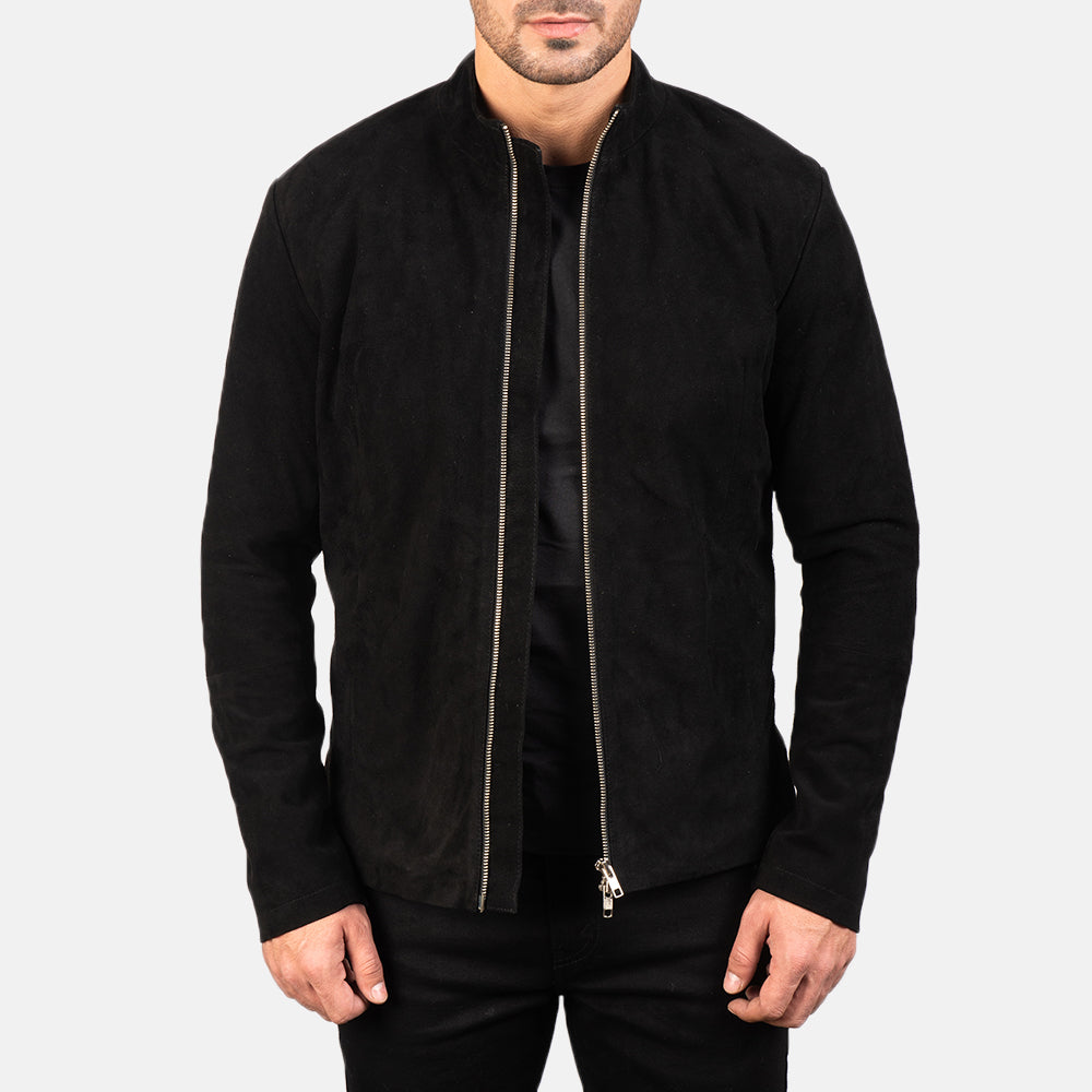 Men's Charcoal Noir Suede Veste Motard en Cuir pour Homme in Black Goatskin Suede - Vue de face &amp; silhouette ajustée | Acheter en ligne