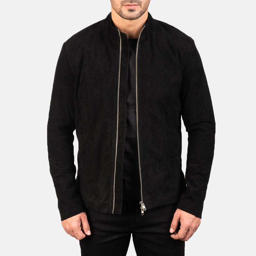 Charcoal Noir Suede Veste Motard en Cuir pour Homme