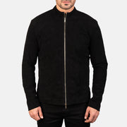 Vue détaillée of Mandarin &amp; Zipper with Dual Puller Hardware on Men's Charcoal Noir Suede Veste Motard en Cuir pour Homme