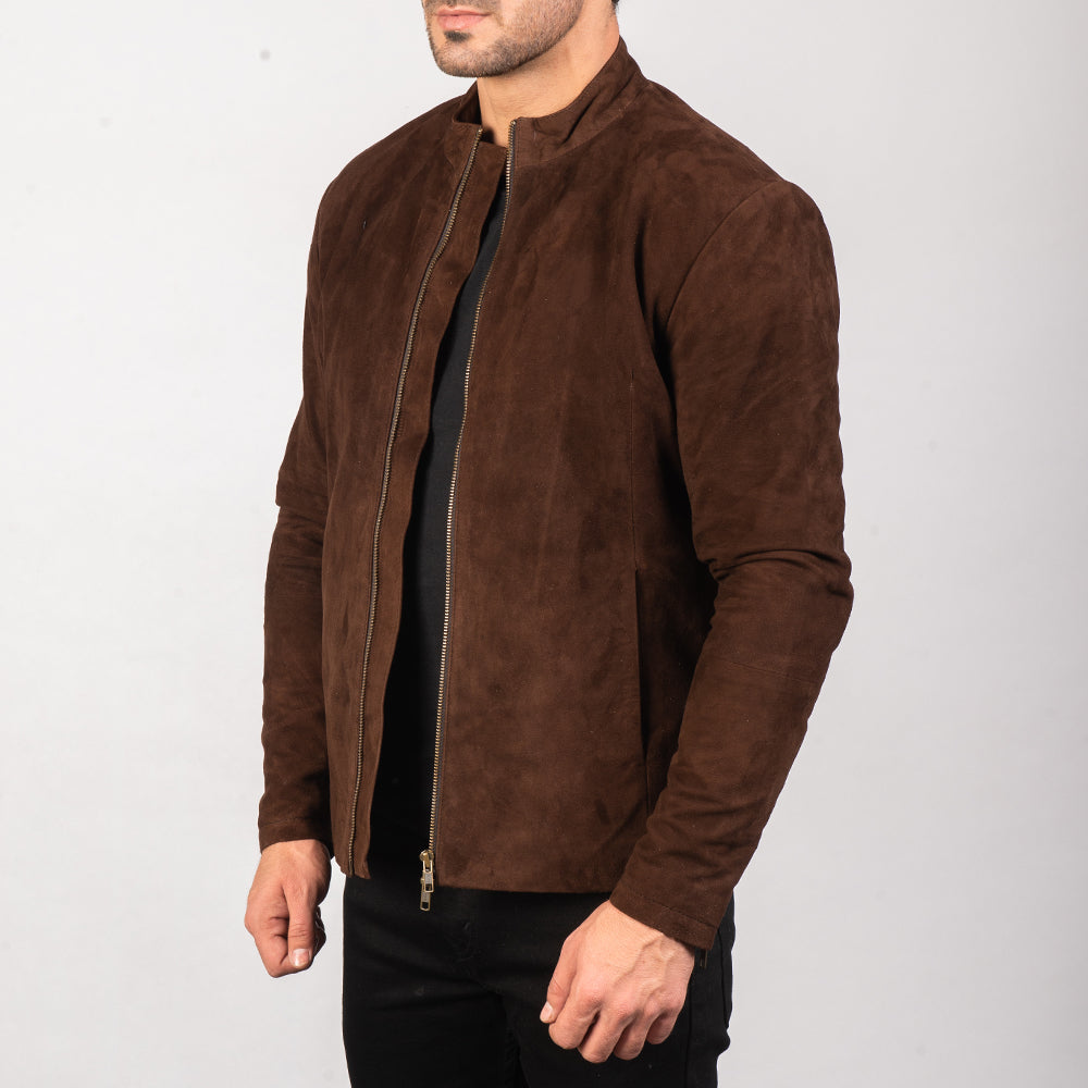 
Dark Brown Goatskin Suede Biker Jacket - Vue arrière montrant la carrure ajustée et l'ourlet net