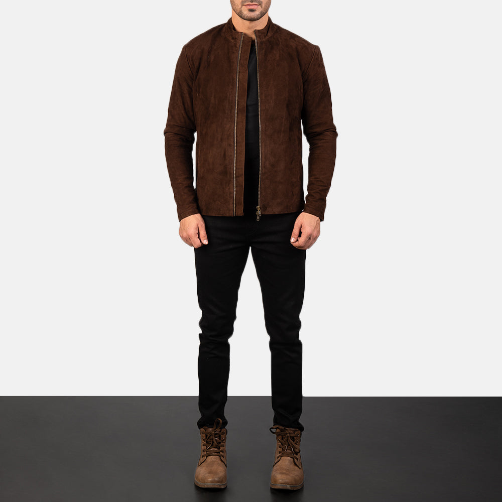 
Charcoal Moka Suede Veste Motard en Cuir pour Homme - Vue de profil mettant en valeur la coupe de manche ergonomique