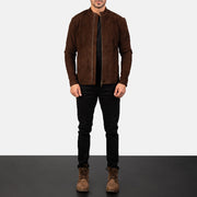 
Charcoal Moka Suede Veste Motard en Cuir pour Homme - Vue de profil mettant en valeur la coupe de manche ergonomique
