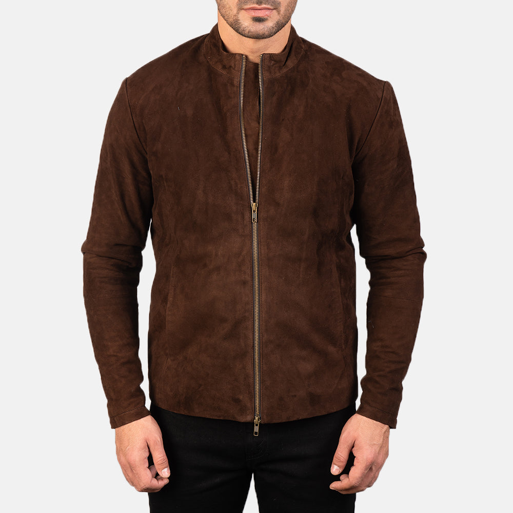 
Vue détaillée of Mandarin & Zipper with Dual Puller Hardware on Charcoal Moka Suede Veste Motard en Cuir pour Homme