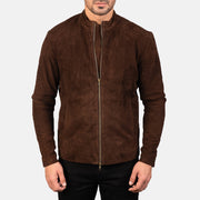 
Vue détaillée of Mandarin & Zipper with Dual Puller Hardware on Charcoal Moka Suede Veste Motard en Cuir pour Homme