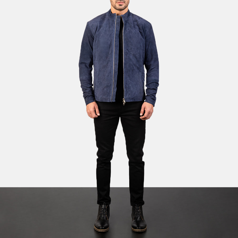 Men's Charcoal Navy Bleu Suede Veste Motard en Cuir pour Homme - Vue de profil avec coupe de manche ergonomique
