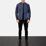 Men's Charcoal Navy Bleu Suede Veste Motard en Cuir pour Homme - Vue de profil avec coupe de manche ergonomique