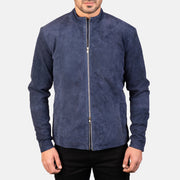 Vue détaillée of Mandarin &amp; Zipper with Dual Puller Hardware on Men's Charcoal Navy Bleu Suede Veste Motard en Cuir pour Homme