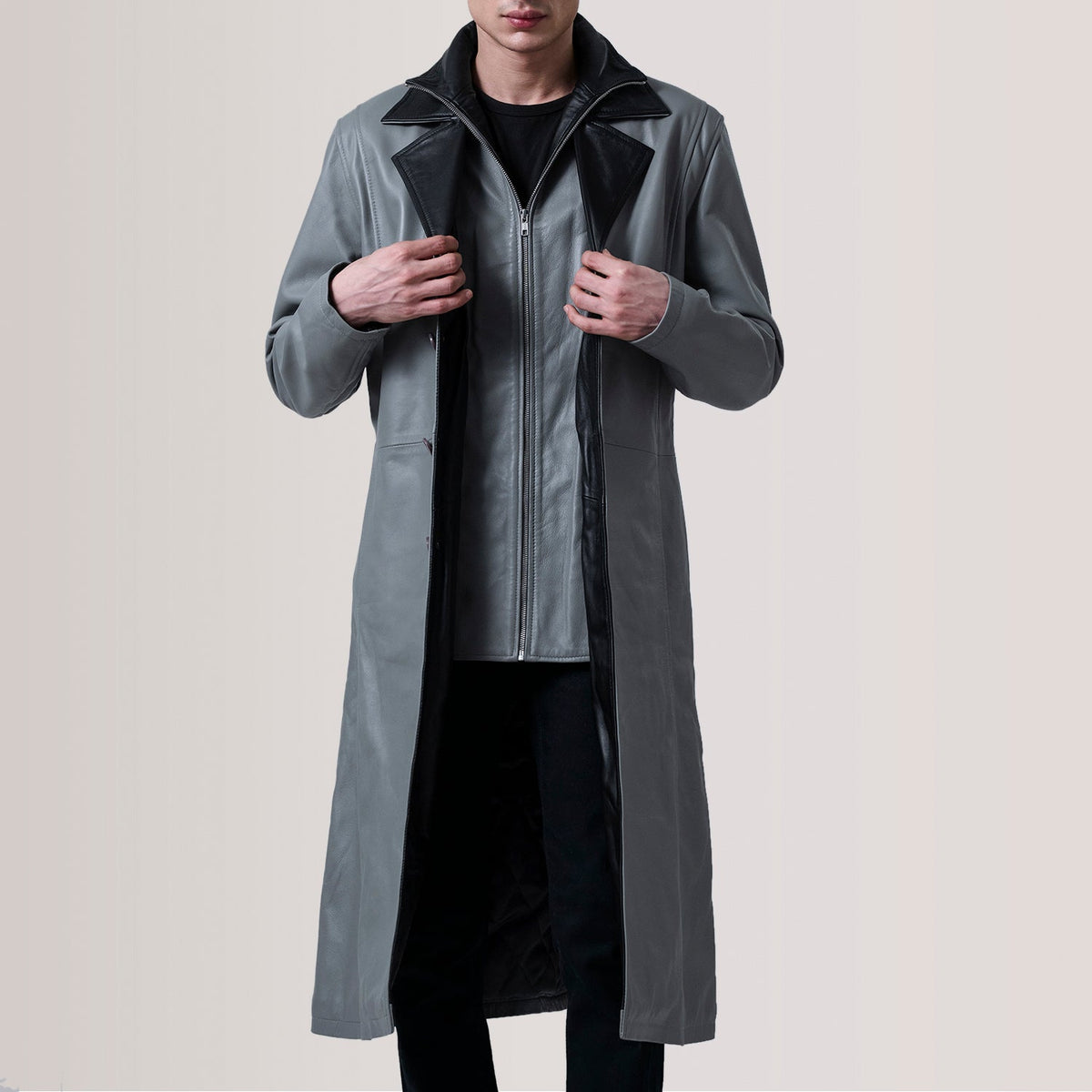 Charlton Gris Leather Single Breasted Manteau en Cuir pour Homme For Men in Grey Sheepskin Leather - Vue de face &amp; silhouette ajustée | Acheter en ligne