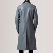 Vue détaillée of Notch &amp; Button Hardware on Charlton Gris Leather Single Breasted Manteau en Cuir pour Homme For Men