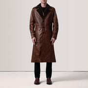 
Distressed Brown Sheepskin Burnished Leather Coat - Vue arrière montrant la carrure ajustée et l'ourlet net